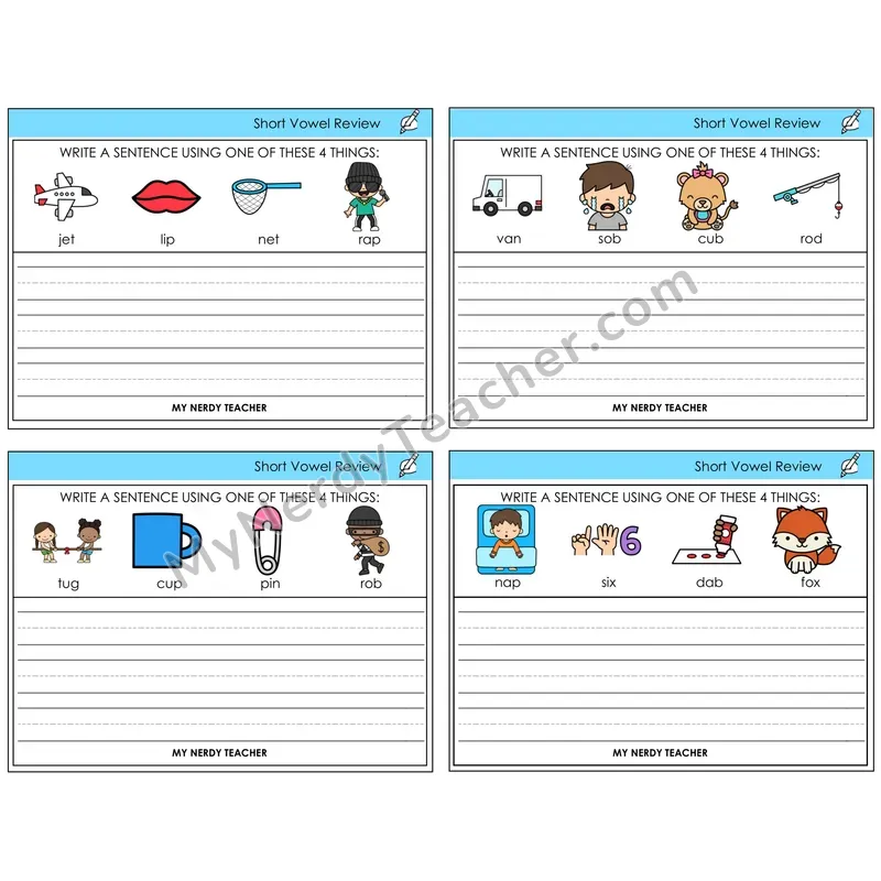 Short Vowels Review Write a Sentence Task Cards — Decodable Sentences
