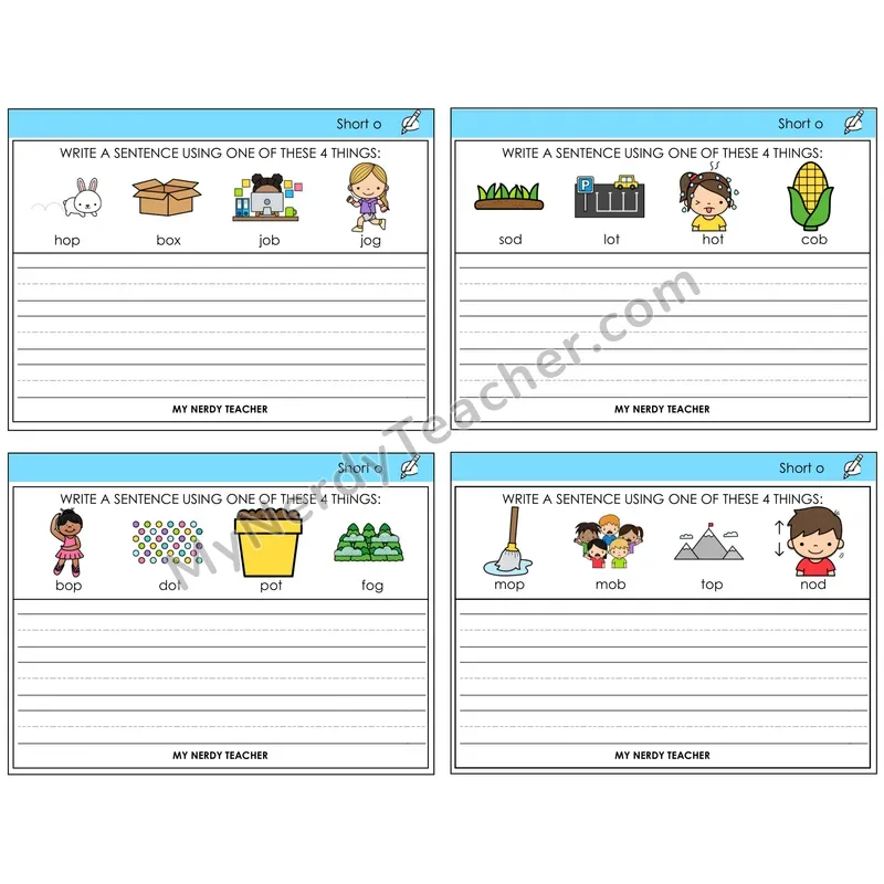 Short O Write a Sentence Task Cards — Decodable Sentences