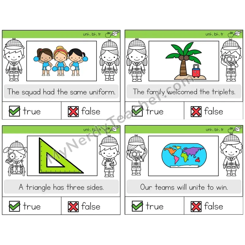 Prefixes uni-, bi-, tri- True or False Task Cards — Decodable Sentences