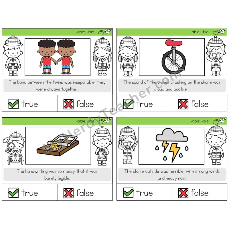 Suffixes -able and -ible True or False Task Cards — Decodable Sentences