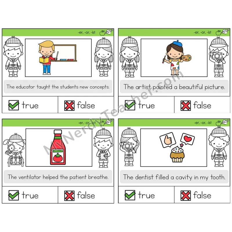 Suffixes -er, -or, -ist True or False Task Cards — Decodable Sentences