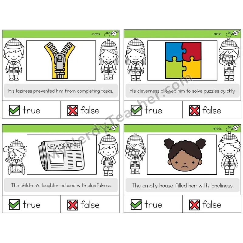 Suffix -ness True or False Task Cards — Decodable Sentences