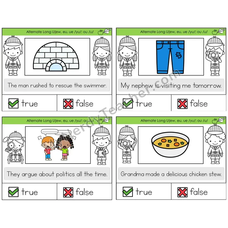 Alternate Long U Spellings True or False Task Cards — Decodable Sentences