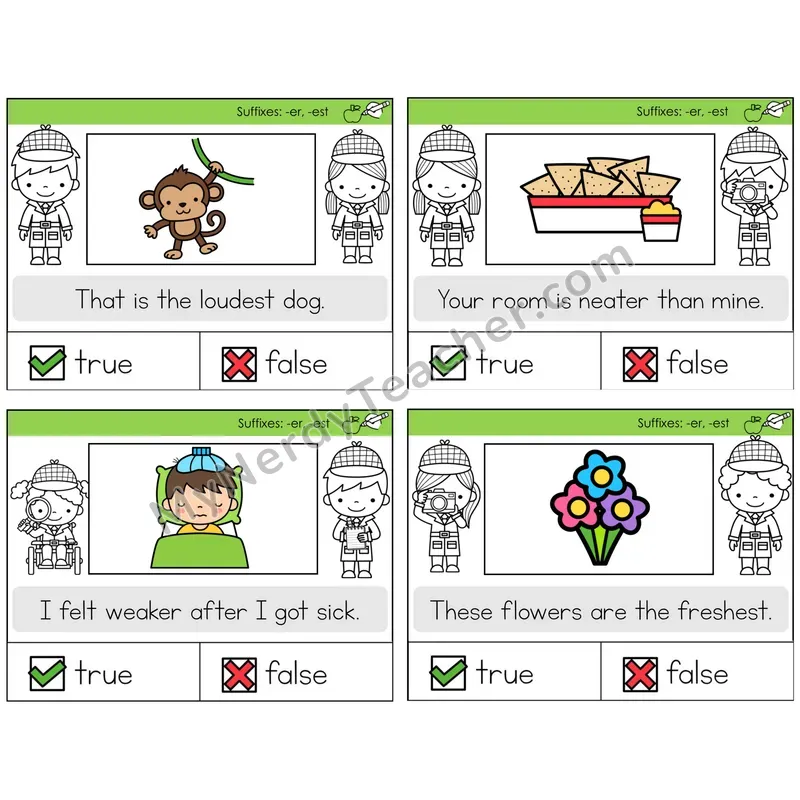 Suffixes -er and -est True or False Task Cards — Decodable Sentences