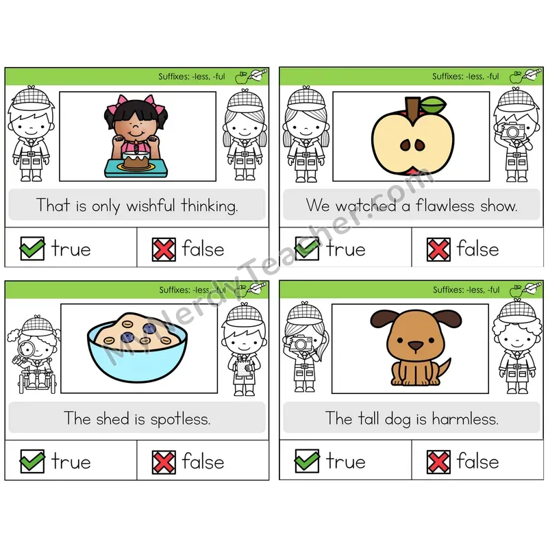 Suffixes -less and -ful True or False Task Cards — Decodable Sentences