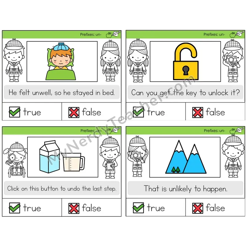 Prefix un- True or False Task Cards — Decodable Sentences