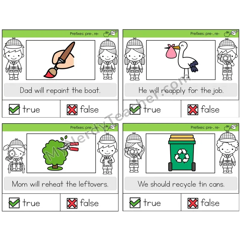 Prefixes pre- and re- True or False Task Cards — Decodable Sentences