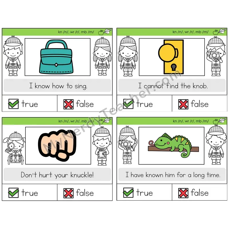 Silent Letters (kn, wr, mb) True or False Task Cards — Decodable Sentences