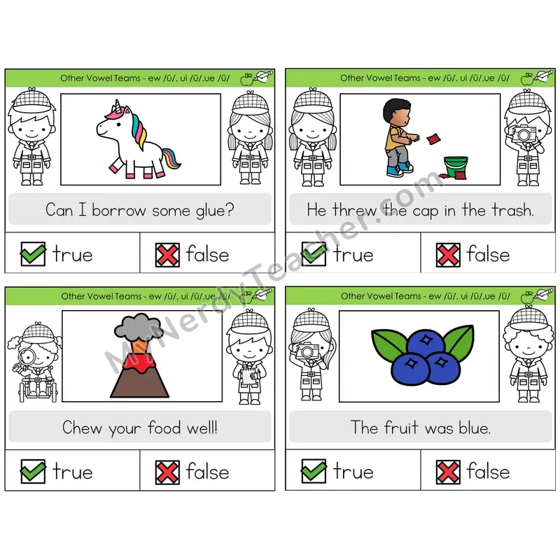 Long U (ew, ui, ue) True or False Task Cards — Decodable Sentences