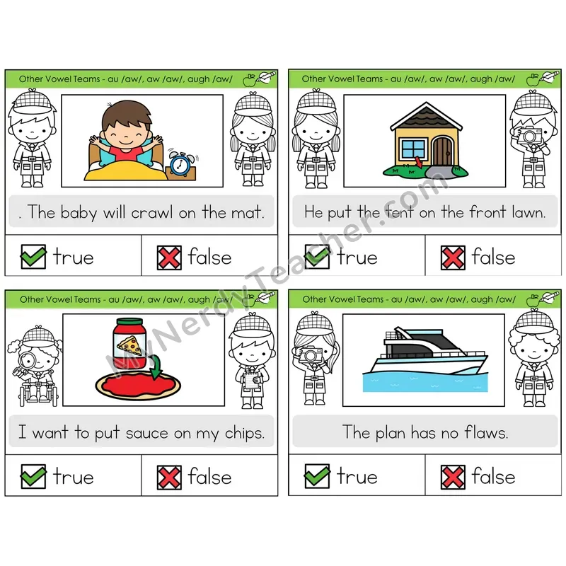 AU, AW, AUGH (/aw/) True or False Task Cards — Decodable Sentences