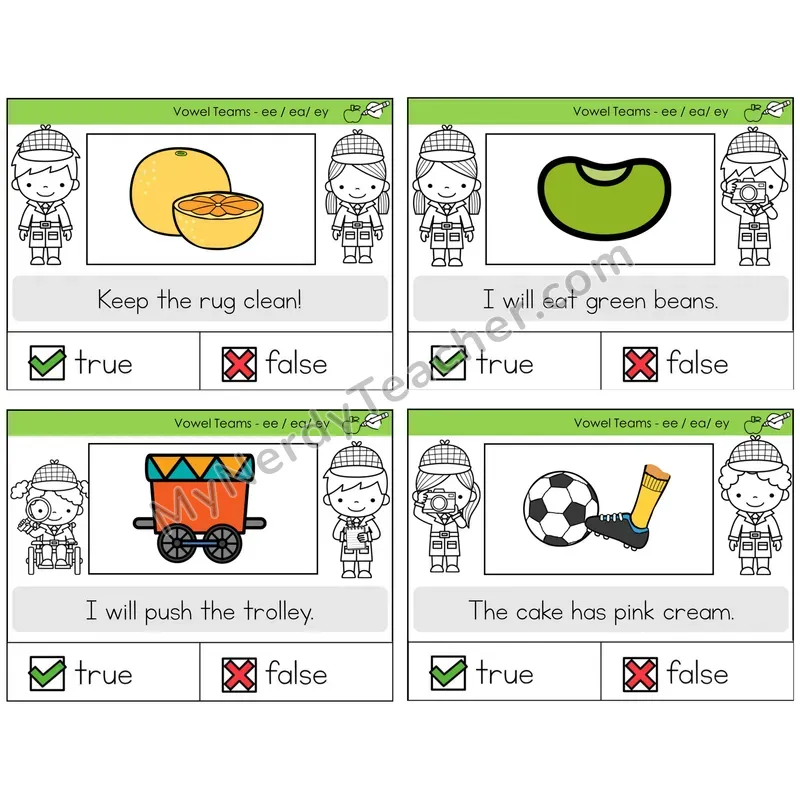 Long E Vowel Teams (ee, ea, ey) True or False Task Cards — Decodable Sentences