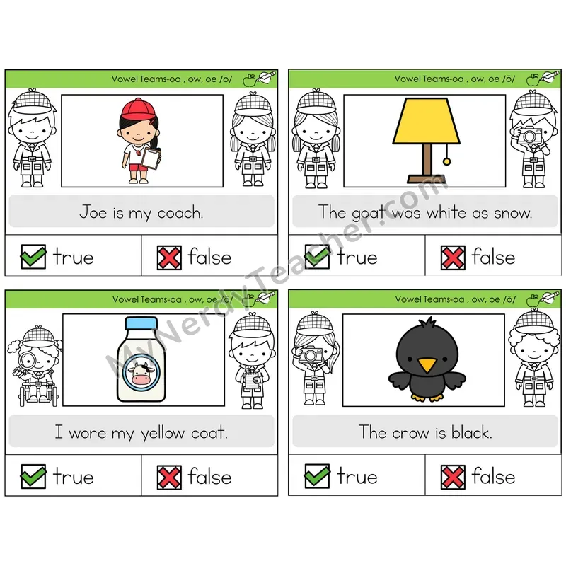 Long O Vowel Teams (oa, ow, oe) True or False Task Cards — Decodable Sentences