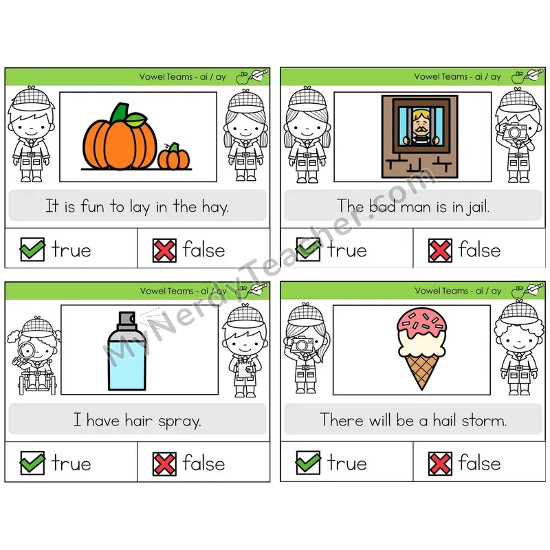 Long A Vowel Teams (ai, ay) True or False Task Cards — Decodable Sentences