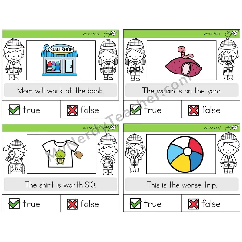 W+OR spelling /er/ True or False Task Cards — Decodable Sentences