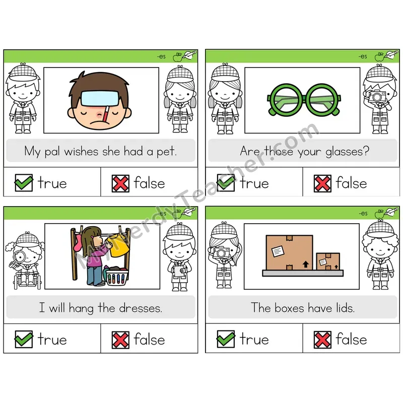 Suffix -es (Inflectional) True or False Task Cards — Decodable Sentences