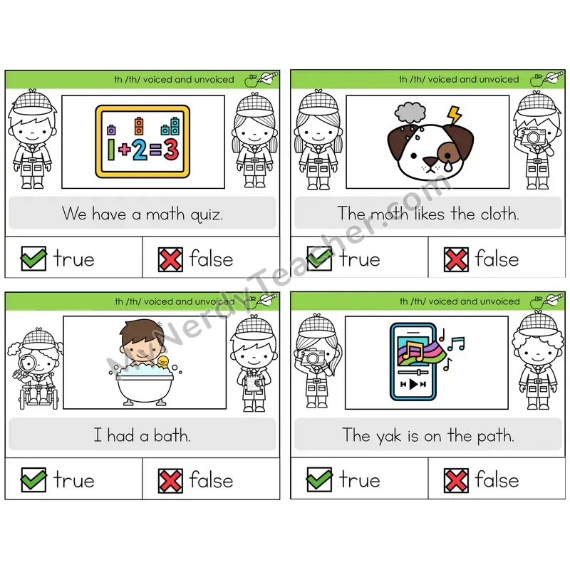 TH Digraph (Voiced + Unvoiced) True or False Task Cards — Decodable Sentences
