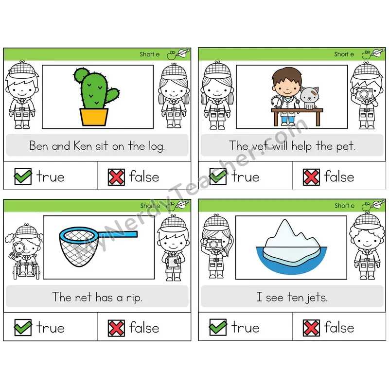 Short E True or False Task Cards — Decodable Sentences