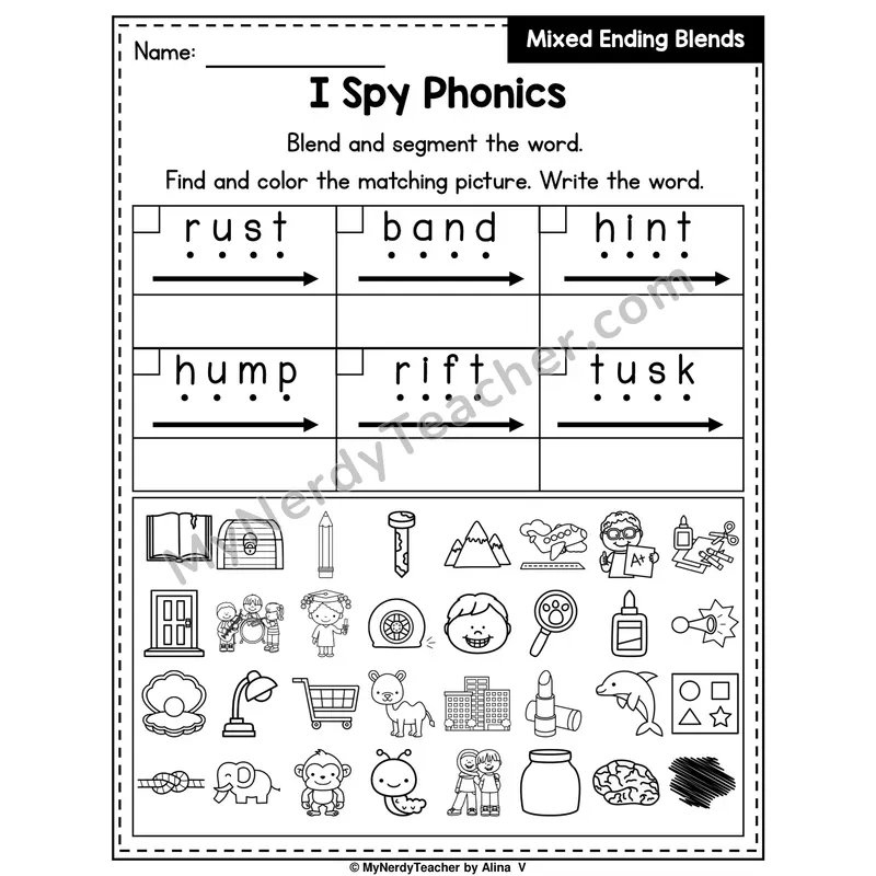 I Spy Phonics Worksheet — Mixed Ending Blends
