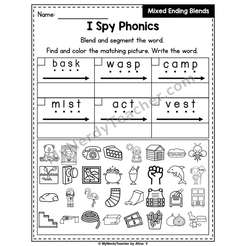 I Spy Phonics Worksheet — Mixed Ending Blends