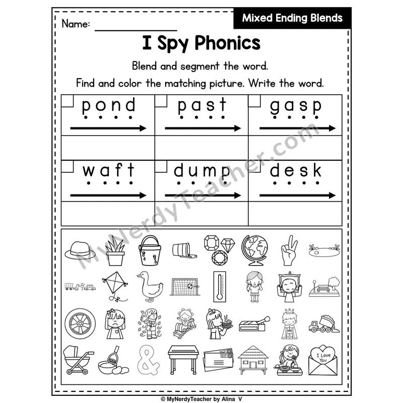 I Spy Phonics Worksheet — Mixed Ending Blends