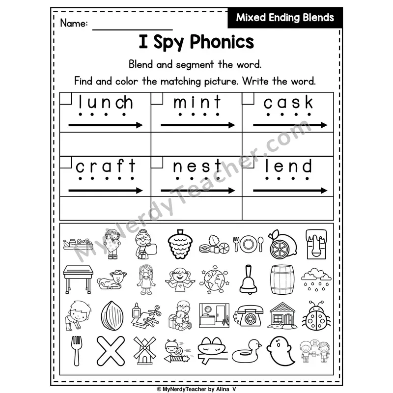 I Spy Phonics Worksheet — Mixed Ending Blends