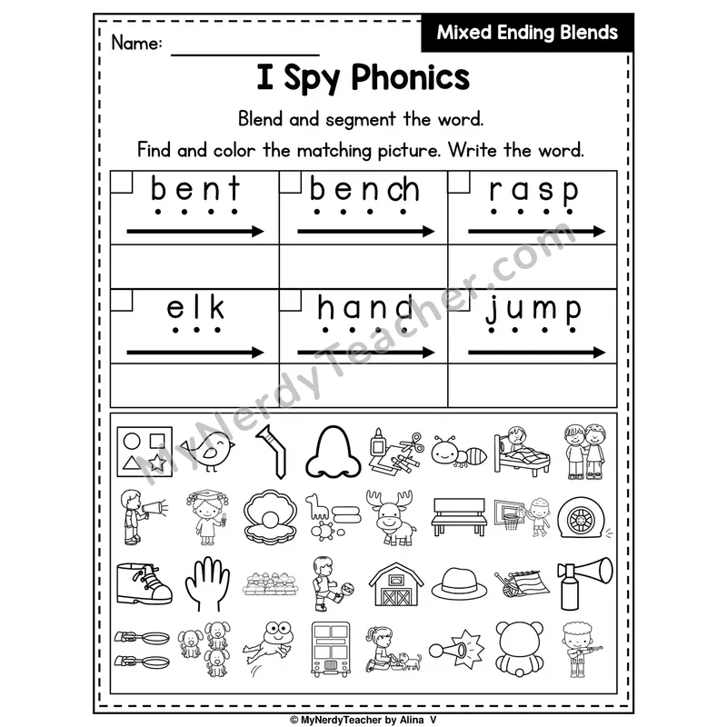 I Spy Phonics Worksheet — Mixed Ending Blends