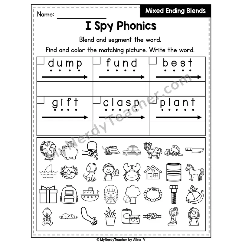 I Spy Phonics Worksheet — Mixed Ending Blends