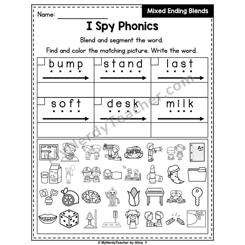 I Spy Phonics Worksheet — Mixed Ending Blends