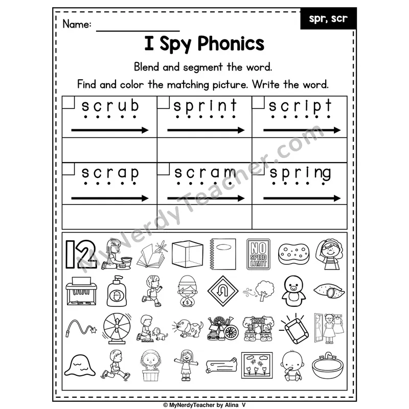 I Spy Phonics Worksheet — Beginning Blend — spr, scr