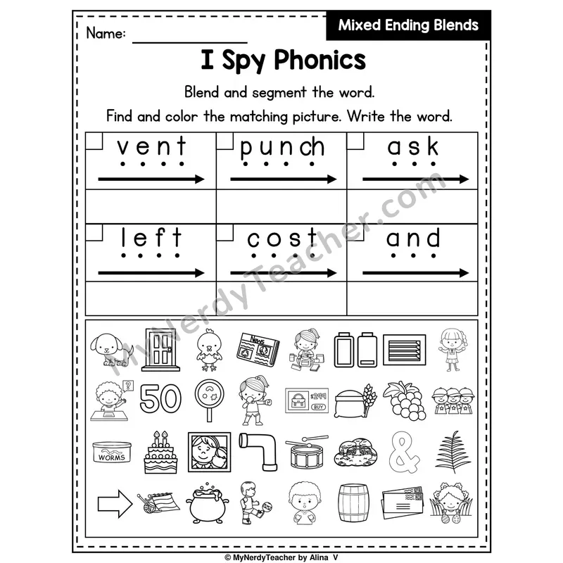 I Spy Phonics Worksheet — Mixed Ending Blends