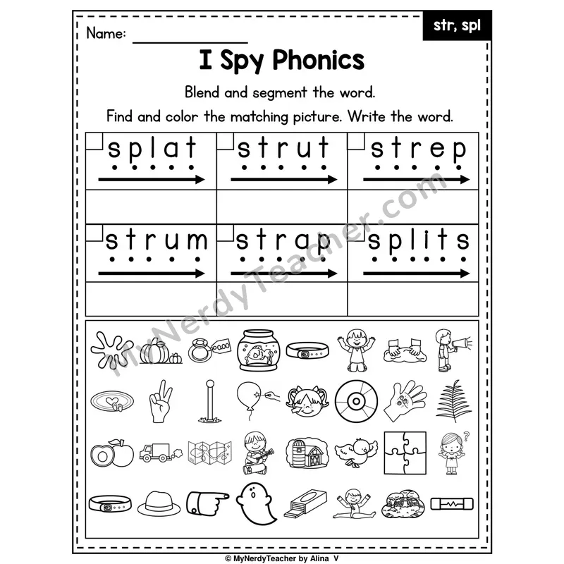 I Spy Phonics Worksheet — Beginning Blend — str, spl
