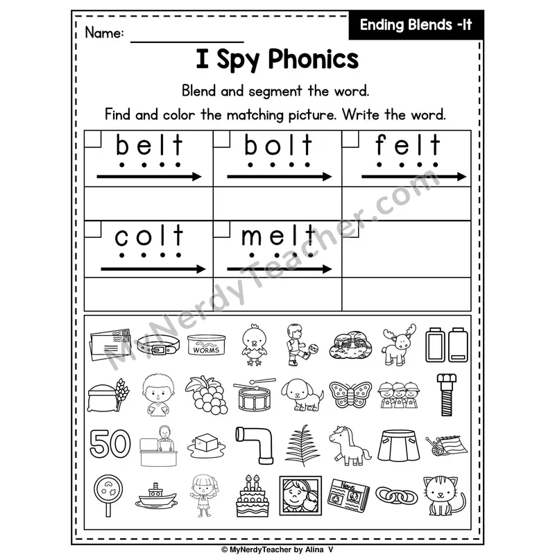 I Spy Phonics Worksheet — Ending Blend — lt