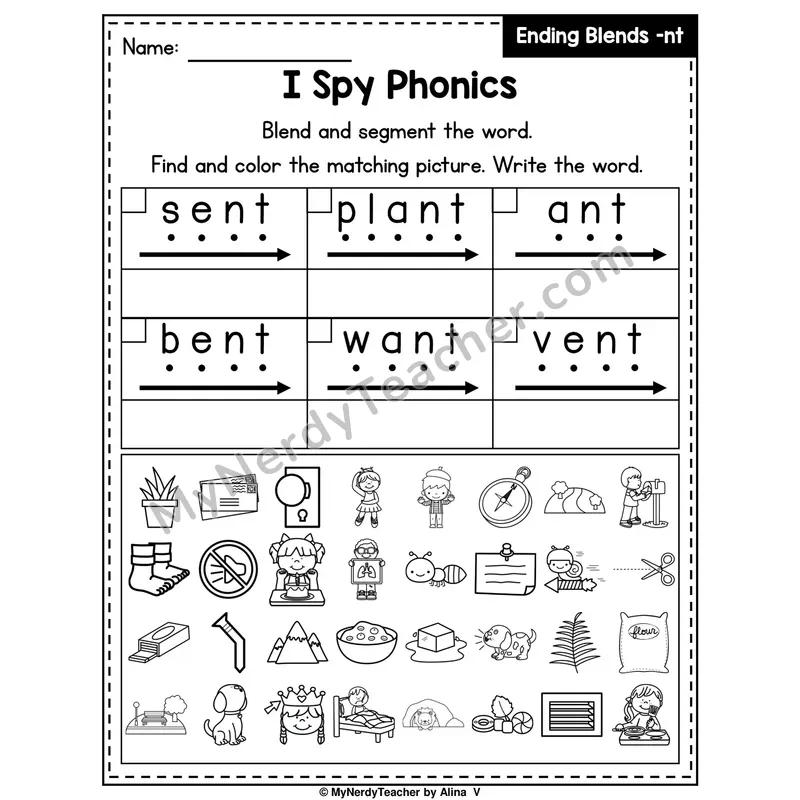 I Spy Phonics Worksheet — Ending Blend — nt