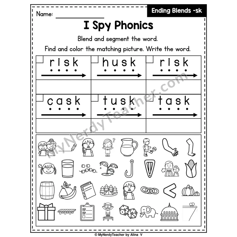 I Spy Phonics Worksheet — Ending Blend — sk
