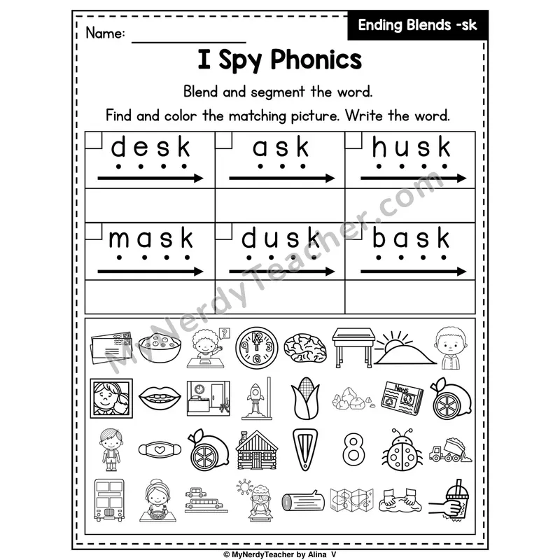 I Spy Phonics Worksheet — Ending Blend — sk