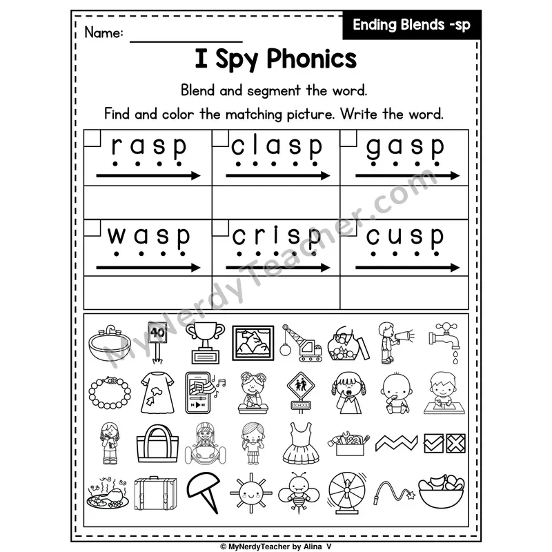 I Spy Phonics Worksheet — Ending Blend — sp