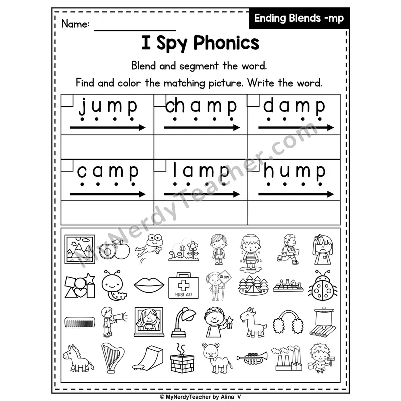 I Spy Phonics Worksheet — Ending Blend — mp