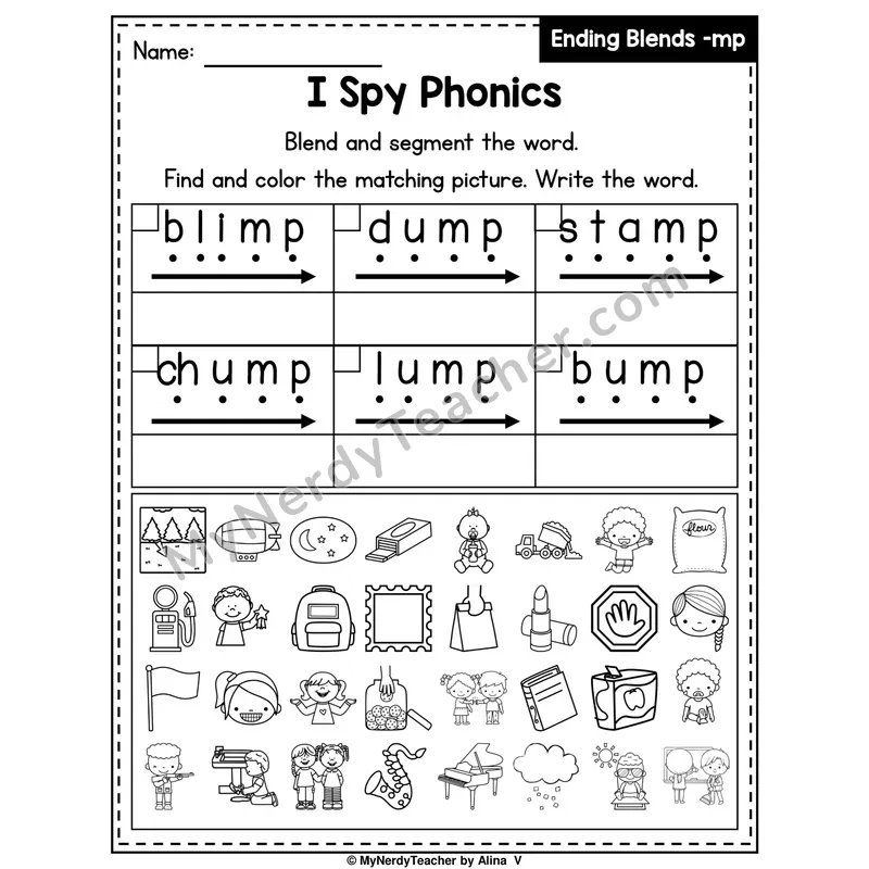 I Spy Phonics Worksheet — Ending Blend — mp