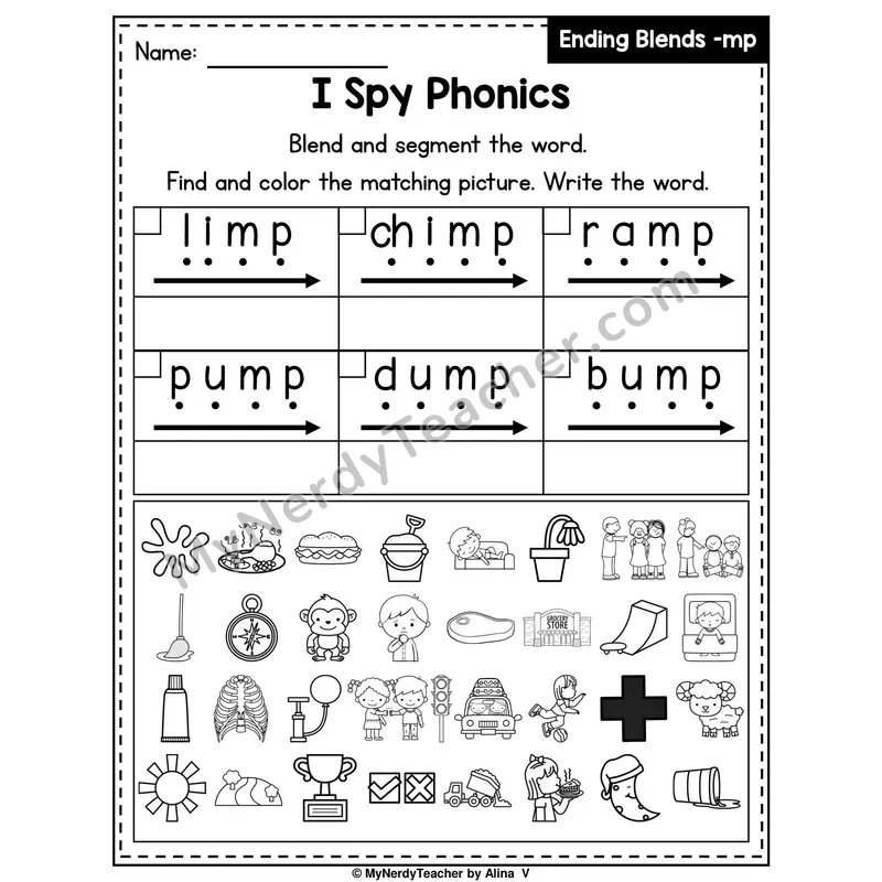 I Spy Phonics Worksheet — Ending Blend — mp