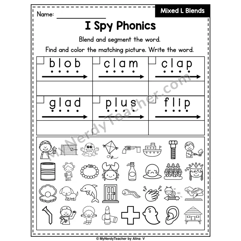 I Spy Phonics Worksheet — Mixed L Blends