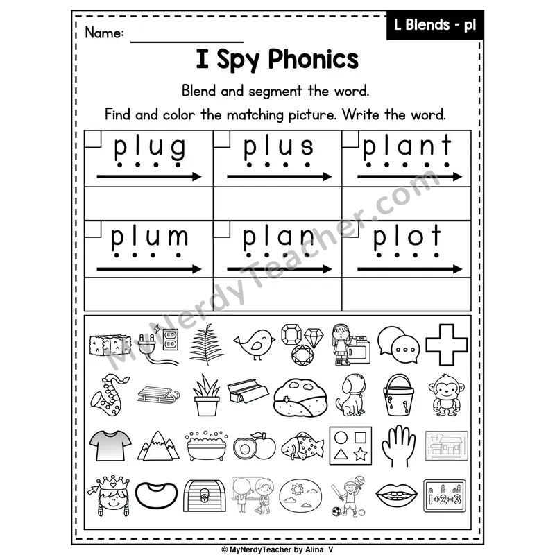 I Spy Phonics Worksheet — Beginning Blend — pl