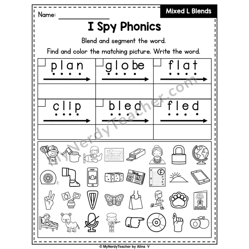 I Spy Phonics Worksheet — Mixed L Blends