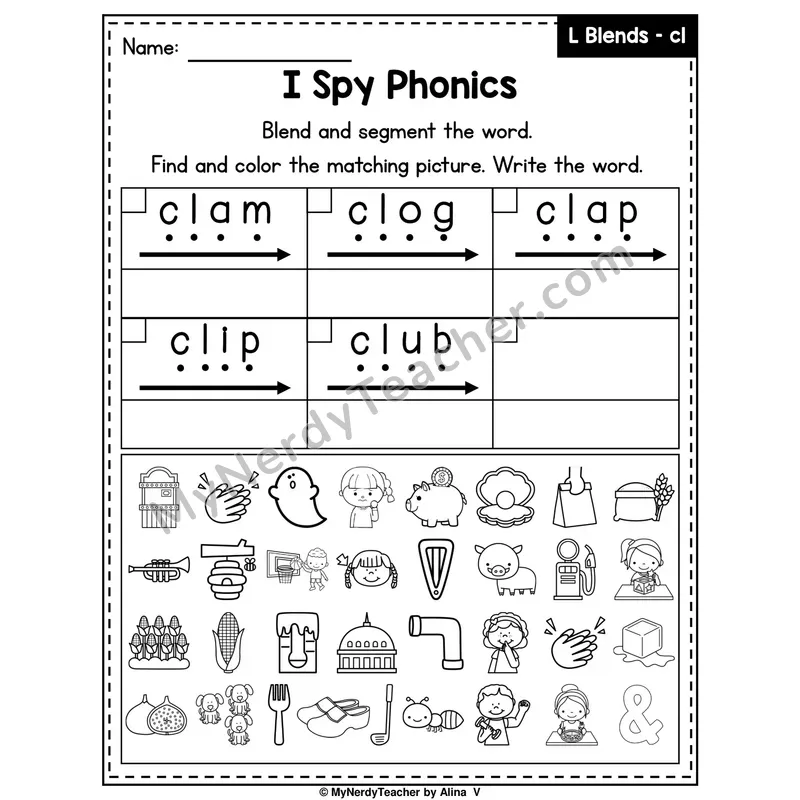 I Spy Phonics Worksheet — Beginning Blend — cl