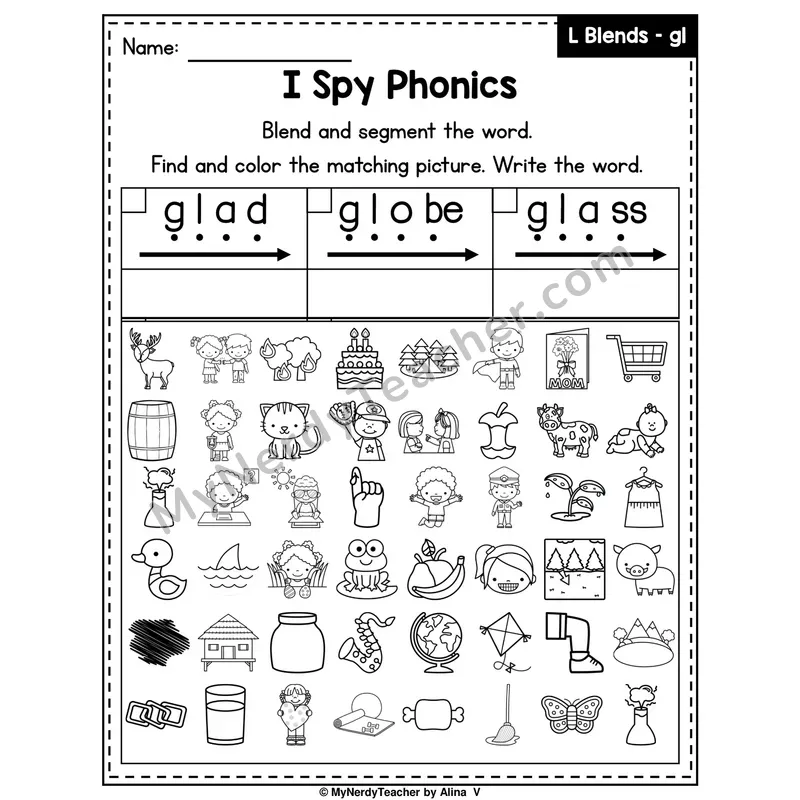 I Spy Phonics Worksheet — Beginning Blend — gl