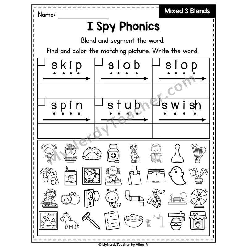 I Spy Phonics Worksheet — Mixed S Blends