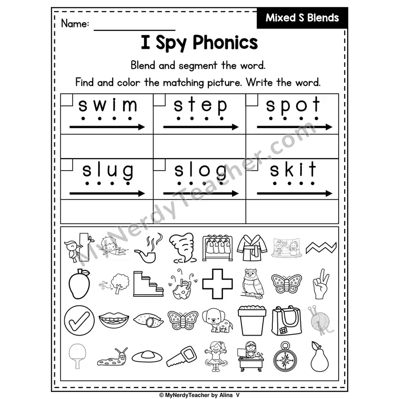 I Spy Phonics Worksheet — Mixed S Blends