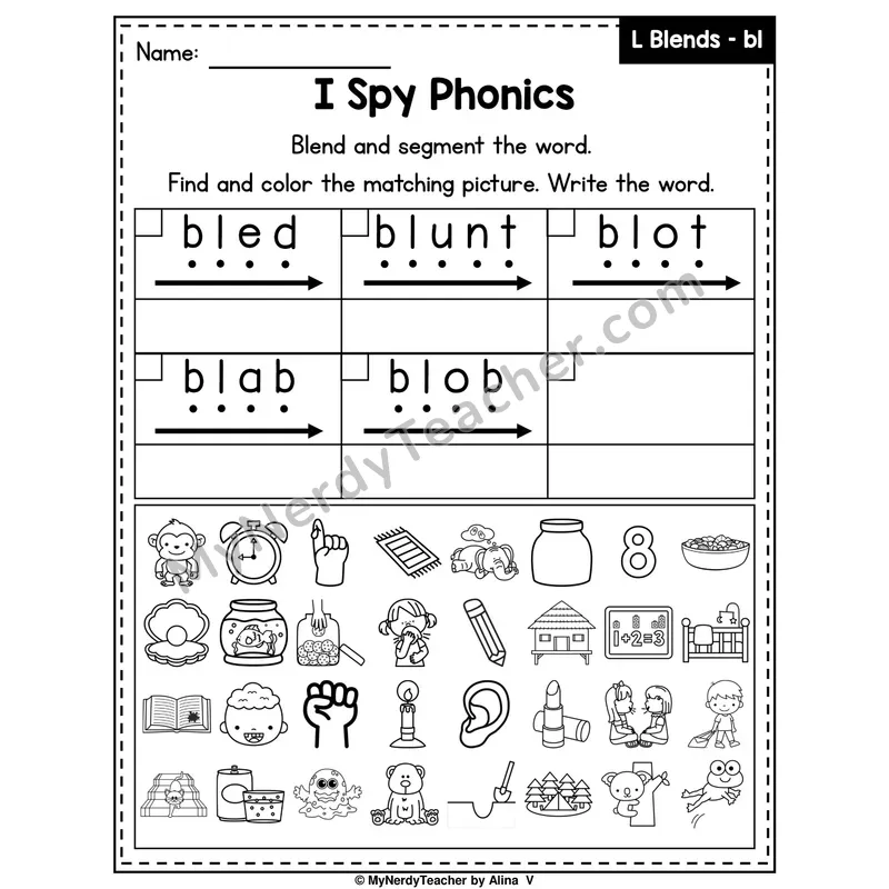 I Spy Phonics Worksheet — Beginning Blend — bl