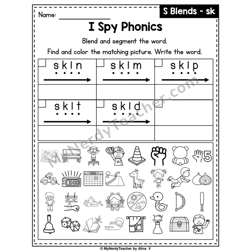 I Spy Phonics Worksheet — S Blend — sk