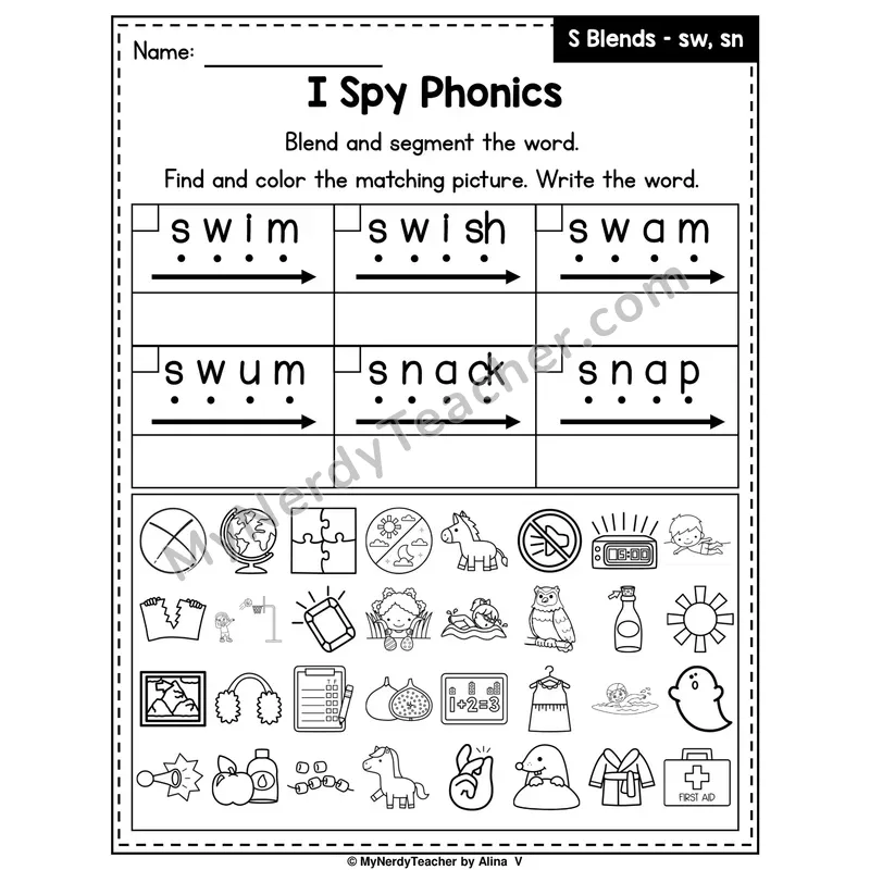 I Spy Phonics Worksheet — S Blend — sw, sn