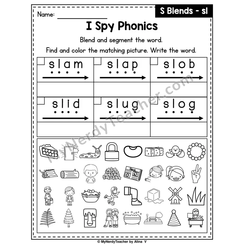 I Spy Phonics Worksheet — S Blend — sl